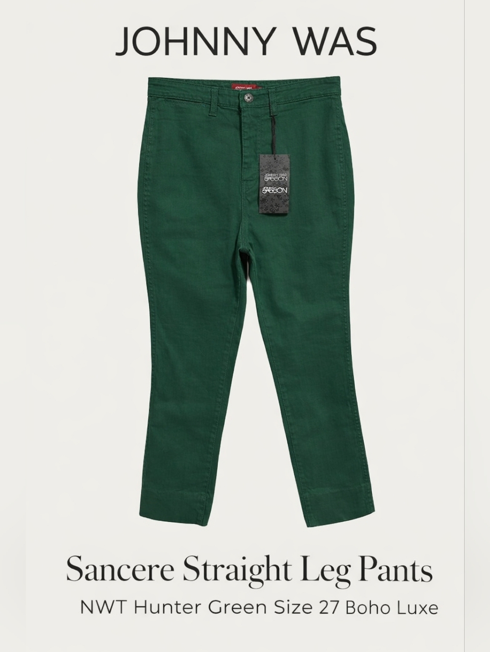 Johnny Was Sancere Straight Leg Pants NWT Hunter Green Size 27 Casual Chic Boho